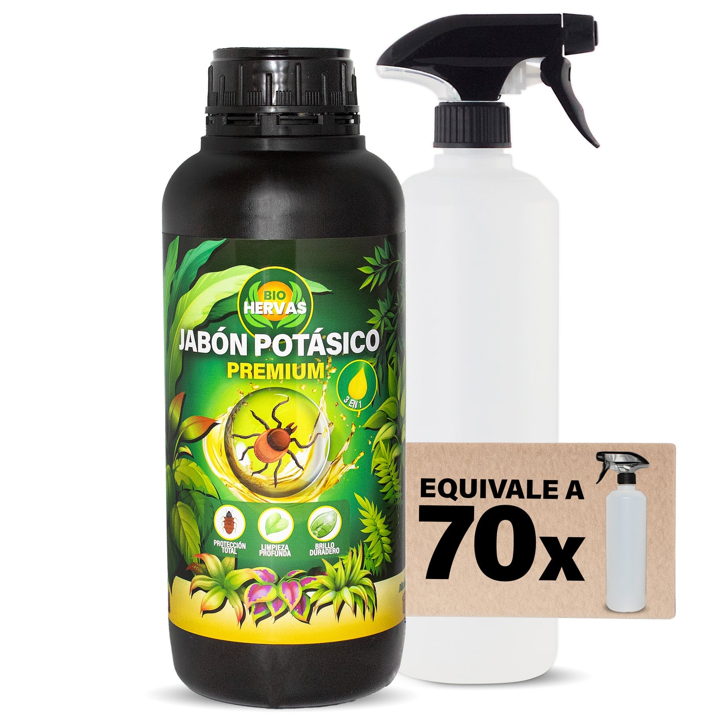 BIO HERVAS Jabón Potásico Premium con Aceite Concentrado para Solución Multiusos - Protección Total Limpiador y Abrillantador Plantas - Natural y Ecológico Fácil Aplicación Máxima Eficacia 1 Litro + Botella Pulverizador