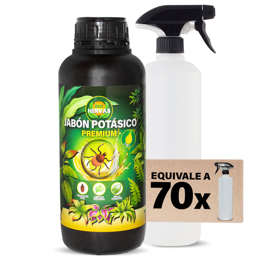 BIO HERVAS Jabón Potásico Premium con Aceite Concentrado - Protección Total Limpiador y Abrillantador Plantas - Natural y Ecológico 1 Litro + Botella Pulverizador