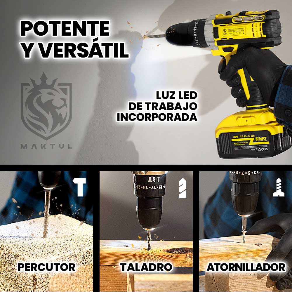 MAKTUL Taladro Percutor a Batería Potente 8000 mAh (2 Baterías).